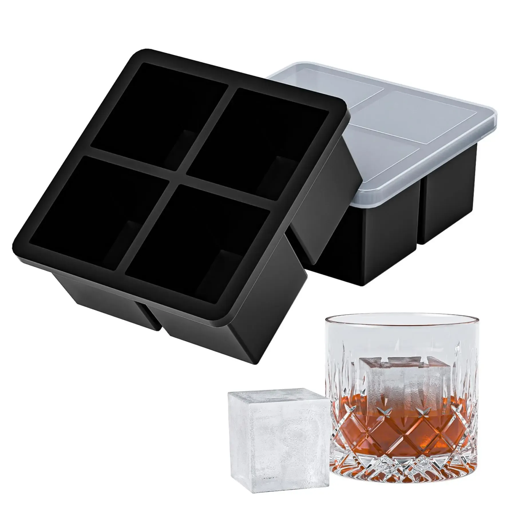 Bac à glaçons carré en silicone de qualité alimentaire avec couvercle, 4, 6, 8 ou 15 compartiments, grand format pour whisky 2