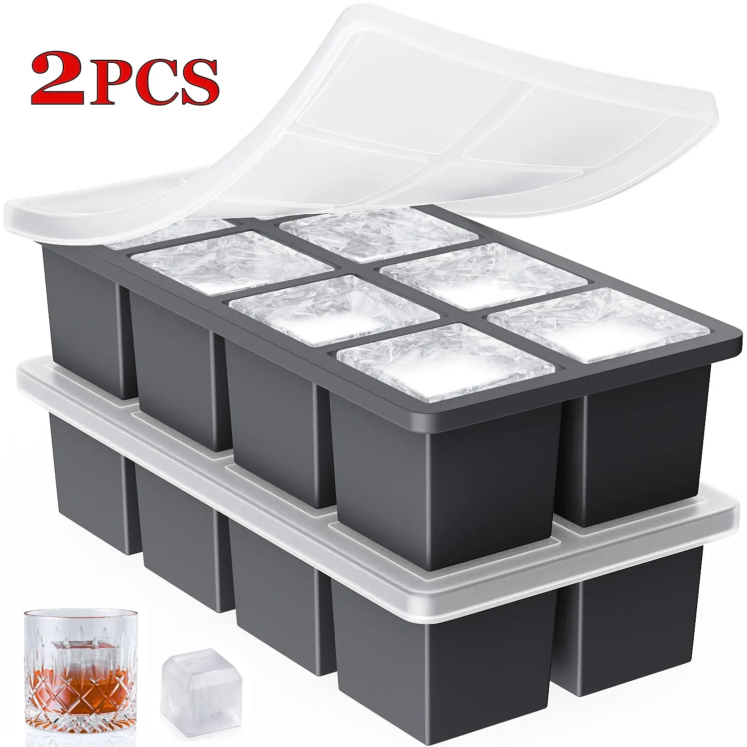 Bac à glaçons carré en silicone de qualité alimentaire avec couvercle, 4, 6, 8 ou 15 compartiments, grand format pour whisky - Image 1