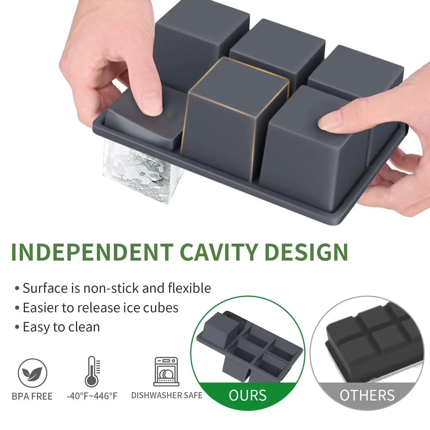 Bac à glaçons carré en silicone de qualité alimentaire avec couvercle, 4, 6, 8 ou 15 compartiments, grand format pour whisky 6