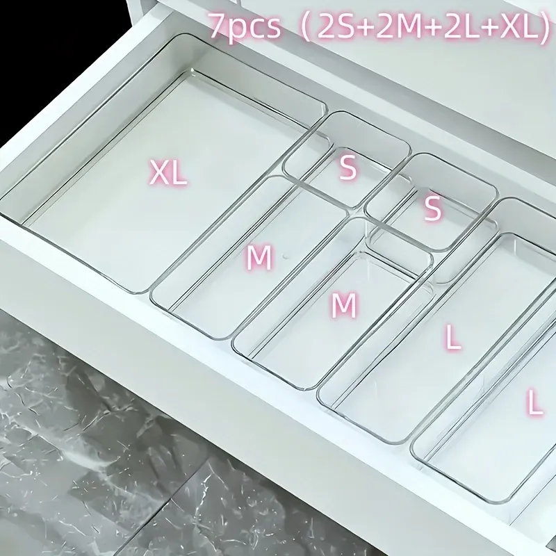 Ensemble de 4 à 7 organiseurs de tiroirs en acrylique transparent, boîte de rangement cosmétique pour coiffeuse, fournitures de bureau et organisateur de tiroirs pour la maison 7