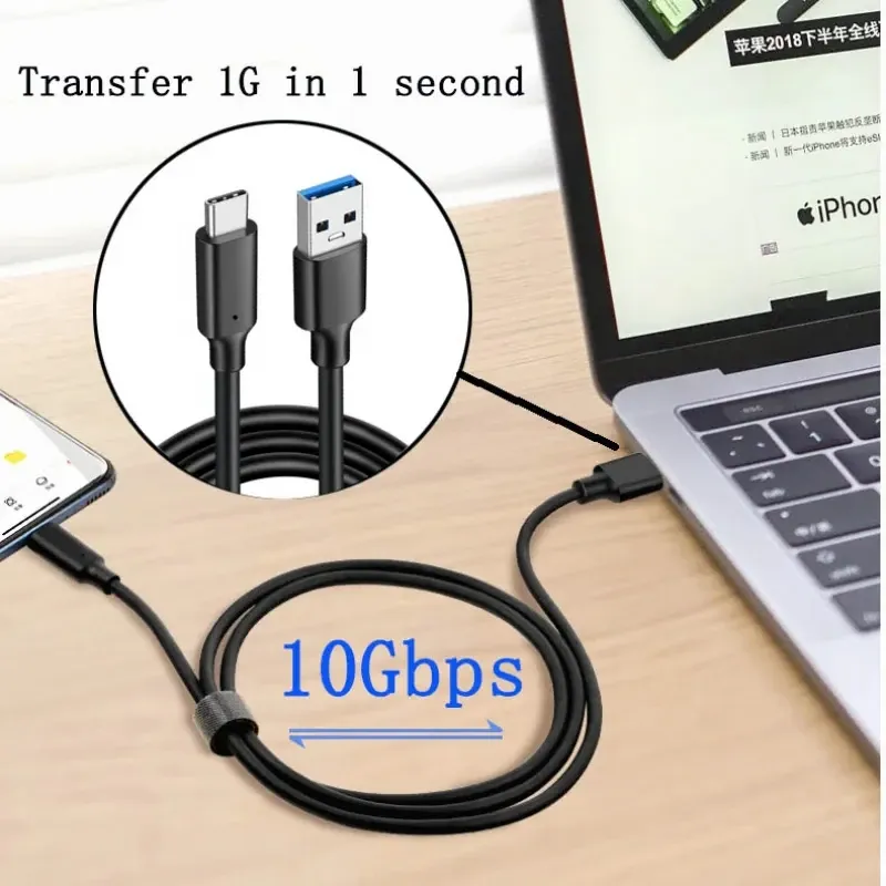 Câble USB 3.2 10 Gbps USB Type A vers USB-C 3.2 Gen 2, câble de transfert de données pour SSD et disque dur, charge rapide 3 A 60 W QC 3.0, 1 m / 2 m 2