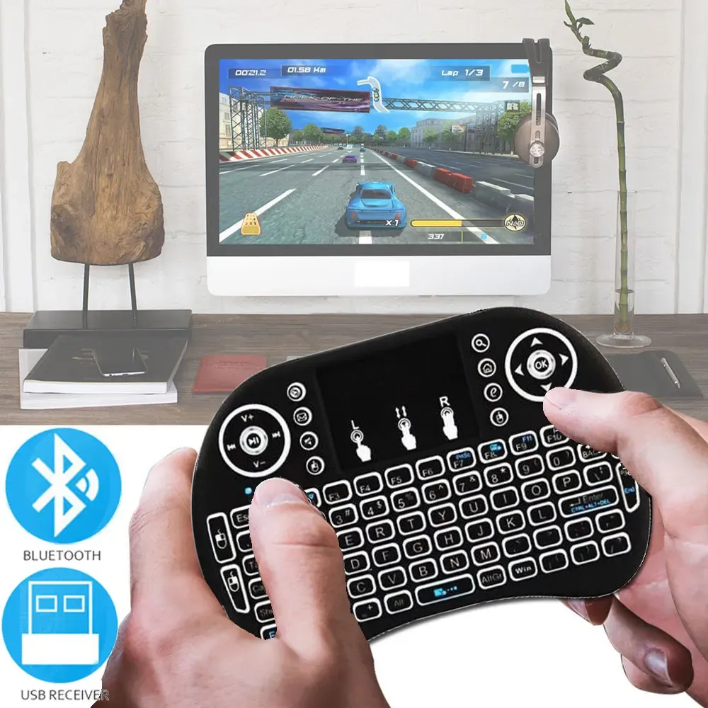 Mini clavier sans fil rétroéclairé avec souris aérienne, Bluetooth 2.4G, disposition russe et espagnole, pavé tactile, compatible Android TV Box et PC (I8) 1