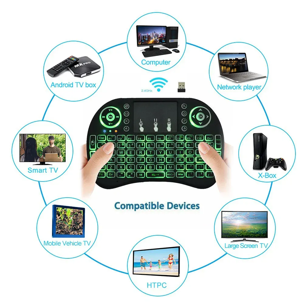 Mini clavier sans fil rétroéclairé avec souris aérienne, Bluetooth 2.4G, disposition russe et espagnole, pavé tactile, compatible Android TV Box et PC (I8) 3