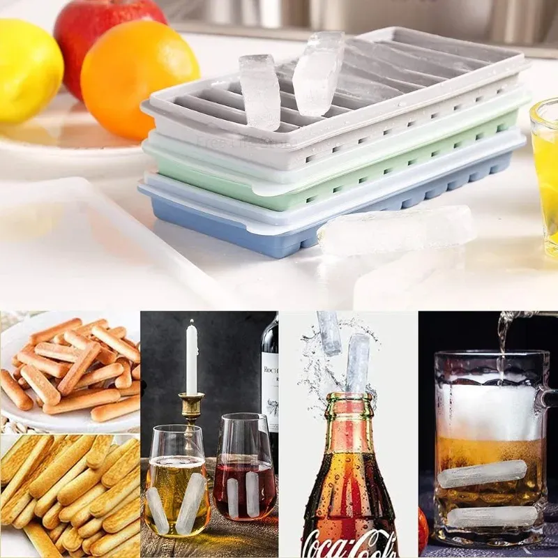 Plateau à glaçons en silicone avec couvercle, moule rectangulaire étroit à démoulage facile pour cocktails 6