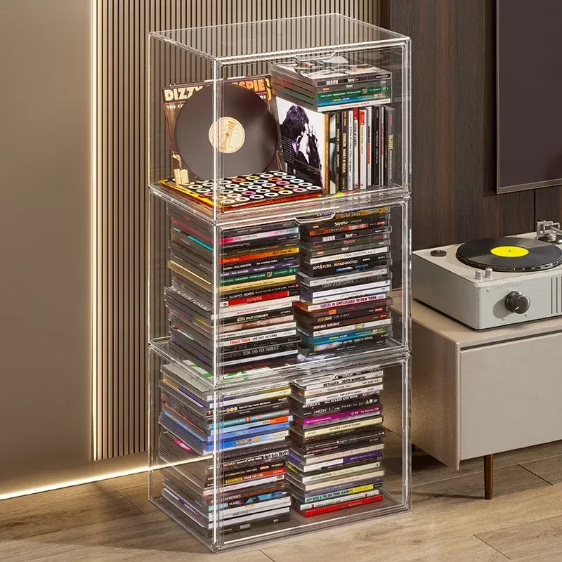 Boîte de rangement transparente anti-poussière pour étagère, CD, livres et magazines 2