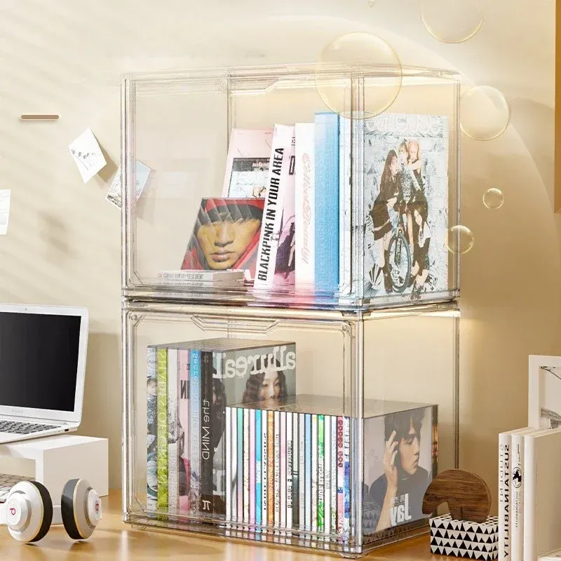 Boîte de rangement transparente anti-poussière pour étagère, CD, livres et magazines 3