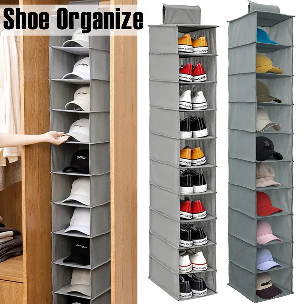 Organisateur de chaussures suspendu pliable en tissu non tissé à 10 niveaux, gain de place pour placard 1