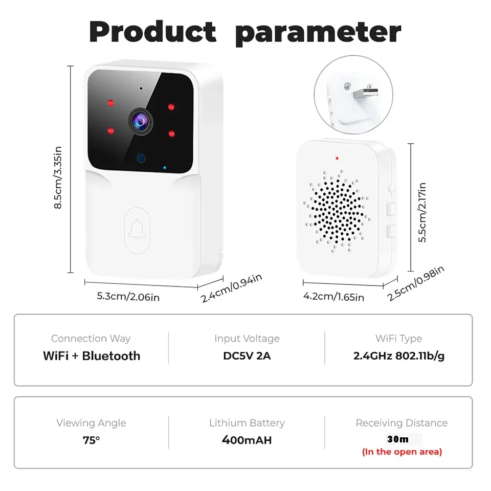Tuya Sonnette vidéo WiFi sans fil HD avec caméra IR, alarme de sécurité et interphone pour maison intelligente 6