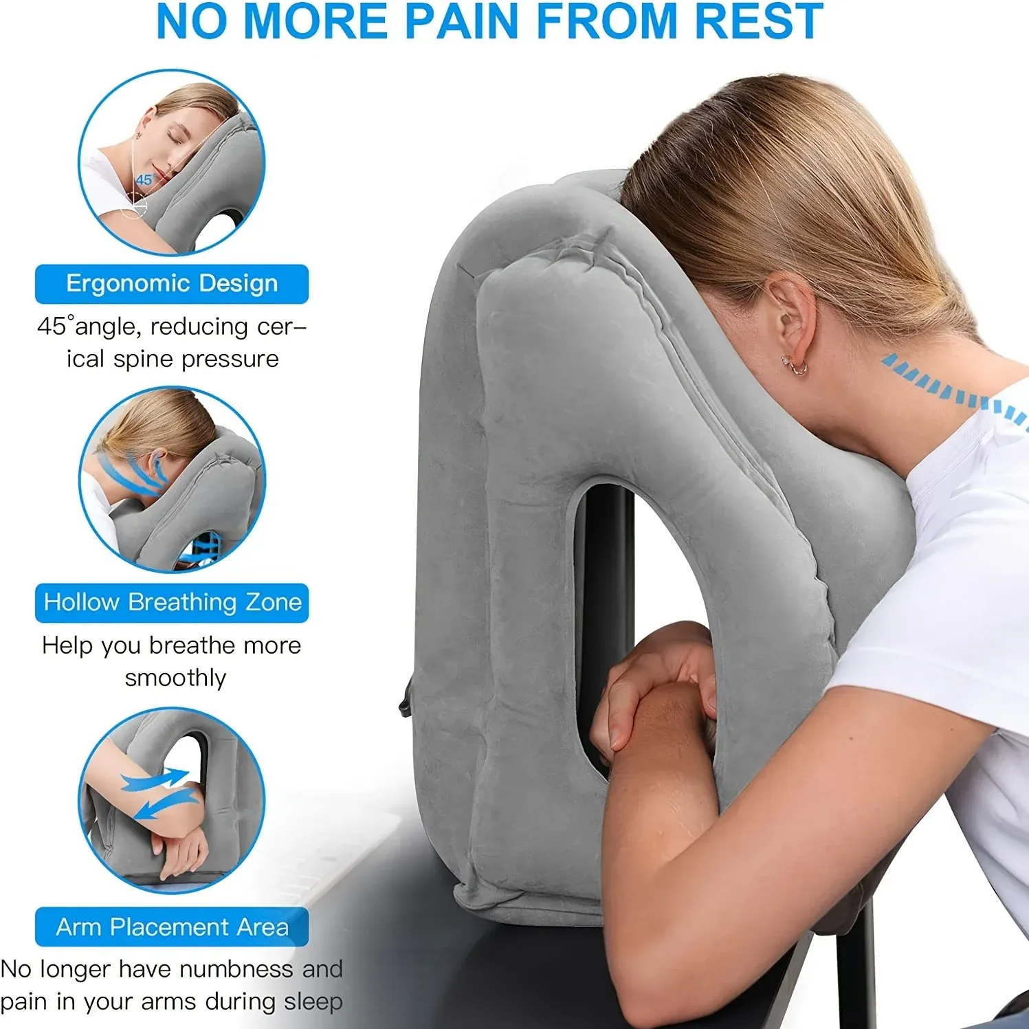 Oreiller de voyage gonflable avec support pour la nuque et la tête, idéal pour les longs trajets en avion, en voiture, au bureau ou pour une sieste 2