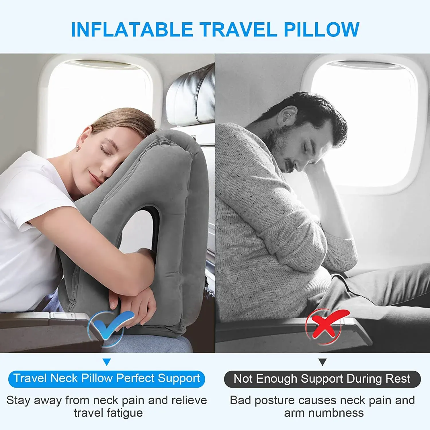 Oreiller de voyage gonflable avec support pour la nuque et la tête, idéal pour les longs trajets en avion, en voiture, au bureau ou pour une sieste 4