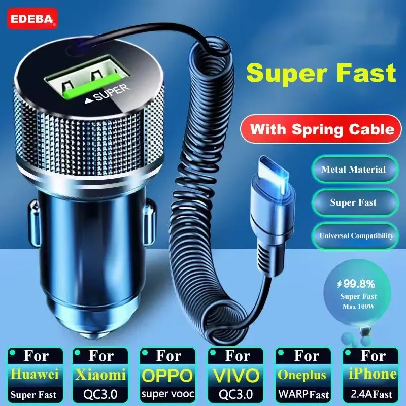 Chargeur de voiture USB en métal EDEBA avec câble Type-C, adaptateur 12V 2-en-1 à charge ultra rapide pour iPhone, Samsung, Huawei, VIVO et OPPO