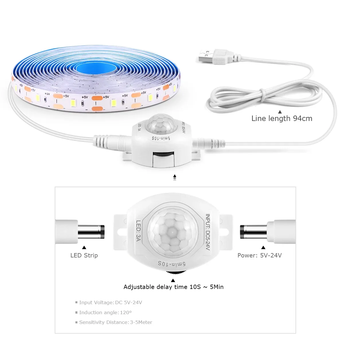 Ruban LED flexible avec capteur de mouvement PIR sans fil, alimentation USB 5V, pour escalier, placard et cuisine 2
