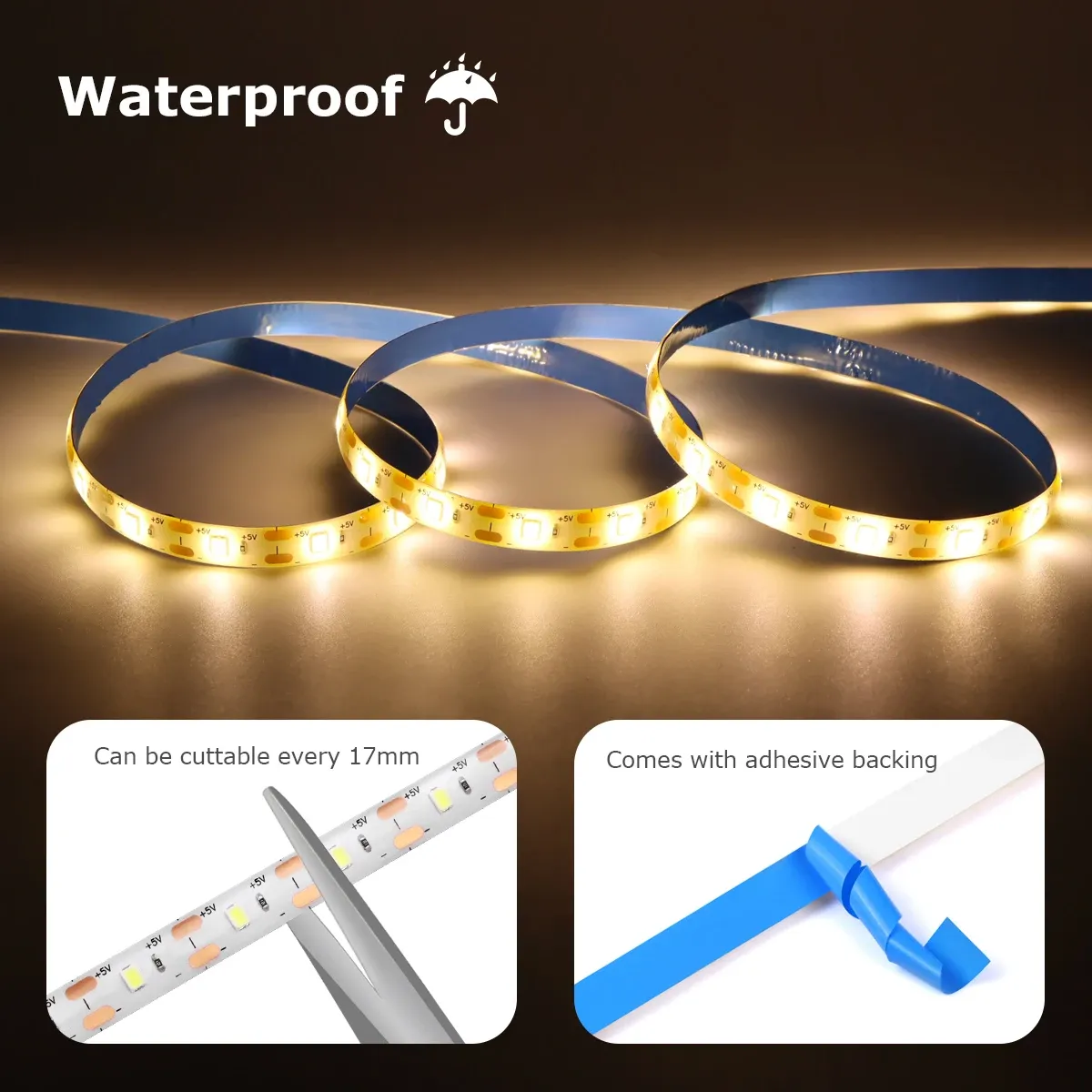 Ruban LED flexible avec capteur de mouvement PIR sans fil, alimentation USB 5V, pour escalier, placard et cuisine 3