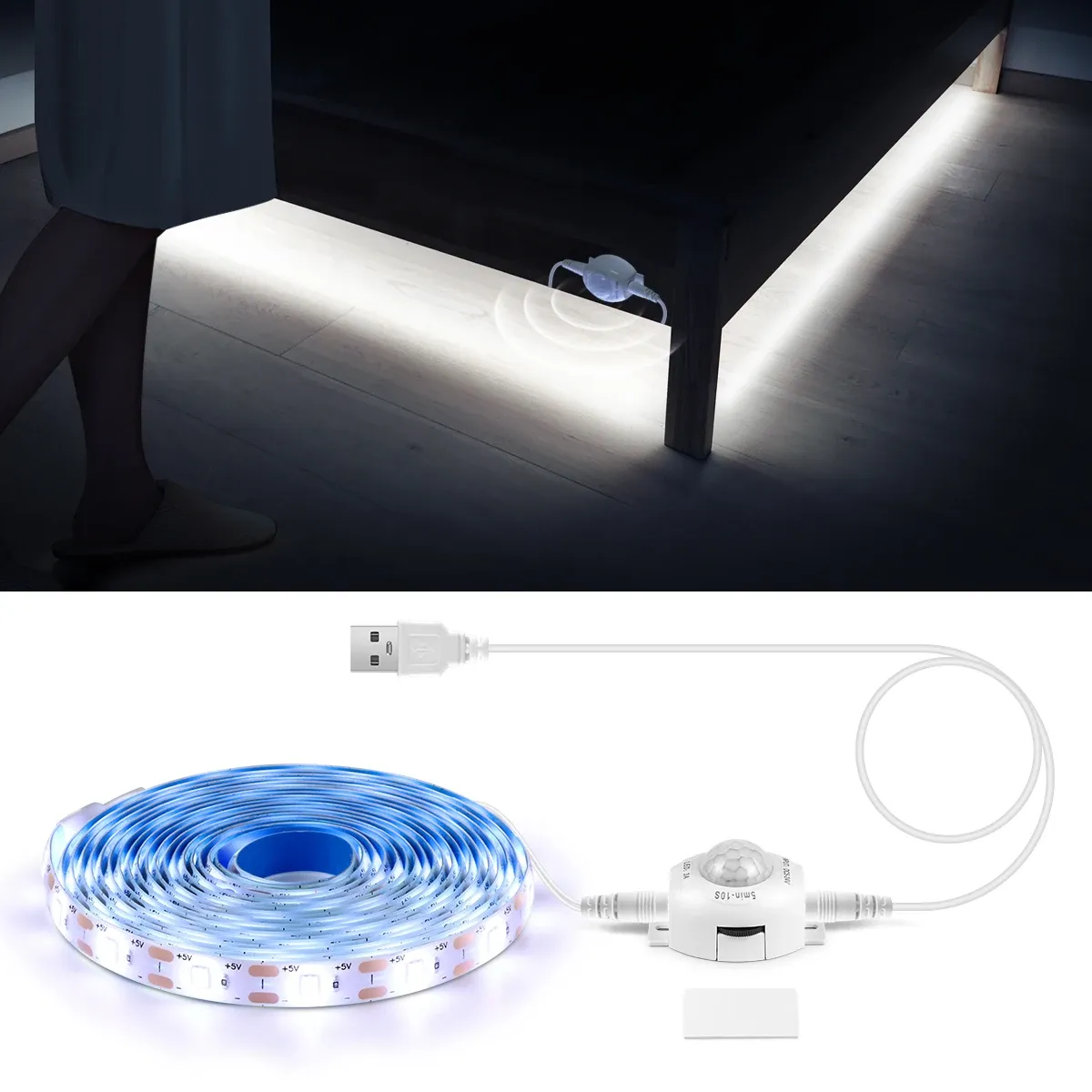 Ruban LED flexible avec capteur de mouvement PIR sans fil, alimentation USB 5V, pour escalier, placard et cuisine 8