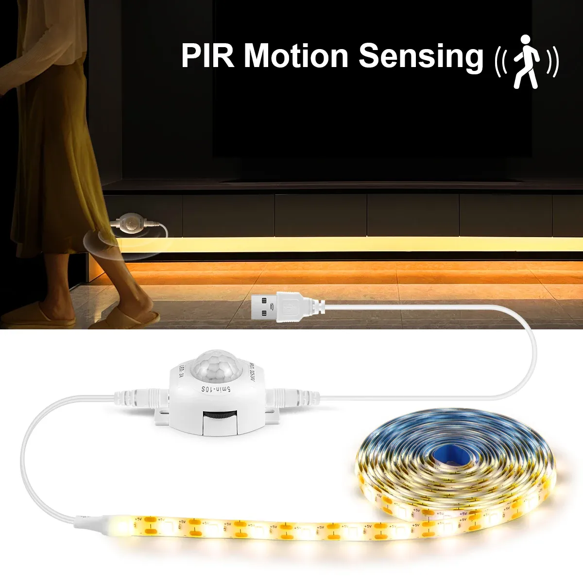 Ruban LED flexible avec capteur de mouvement PIR sans fil, alimentation USB 5V, pour escalier, placard et cuisine 7