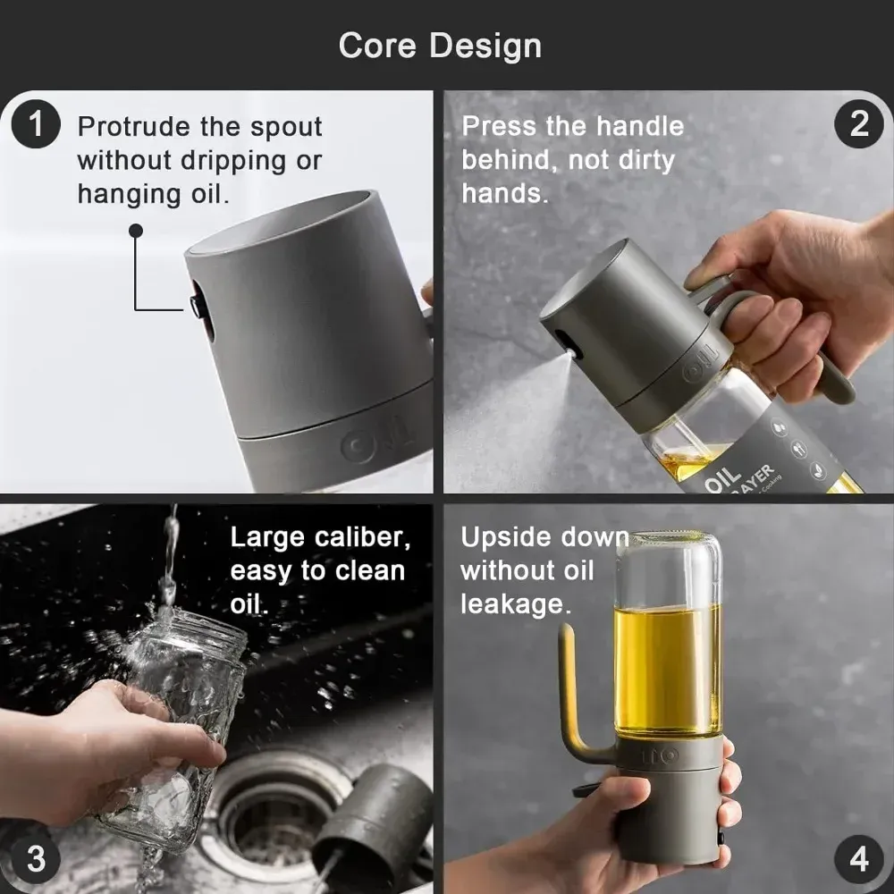 Pulvérisateur d'huile d'olive en verre dans une cuisine lumineuse