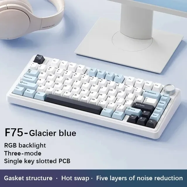 AULA Clavier mécanique de jeu F75 2.4G sans fil, Bluetooth, filaire, RVB, personnalisable, disposition 75 %, profil OEM, structure à joint 9