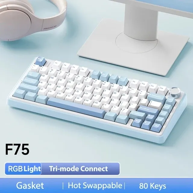 AULA Clavier mécanique de jeu F75 2.4G sans fil, Bluetooth, filaire, RVB, personnalisable, disposition 75 %, profil OEM, structure à joint 10