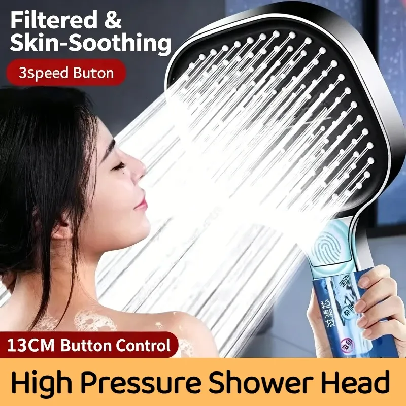 Pomme de douche à panneau 13 cm, réglable, 3 modes, haute pression, effet massage, avec filtre
