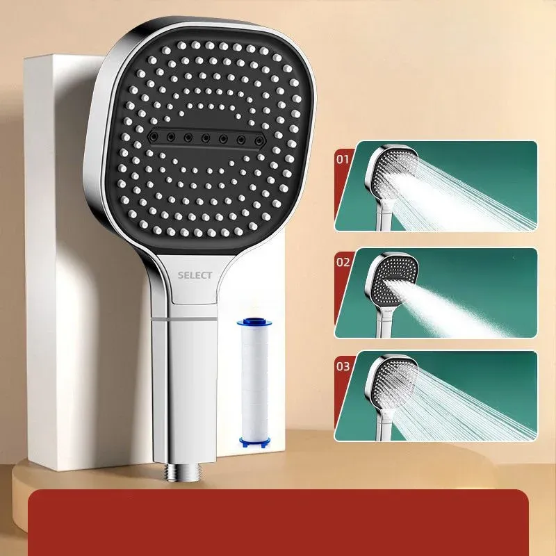 Pomme de douche à panneau 13 cm, réglable, 3 modes, haute pression, effet massage, avec filtre 3