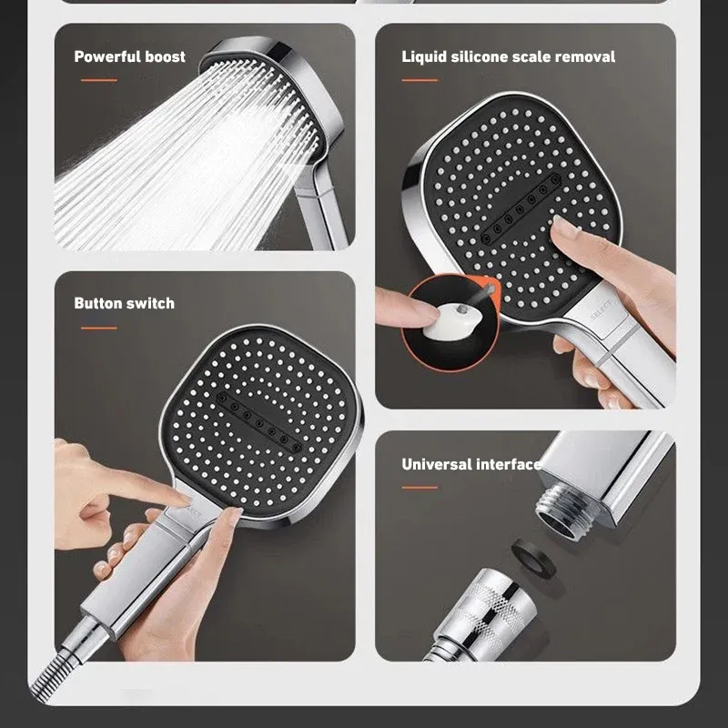 Pomme de douche à panneau 13 cm, réglable, 3 modes, haute pression, effet massage, avec filtre 6