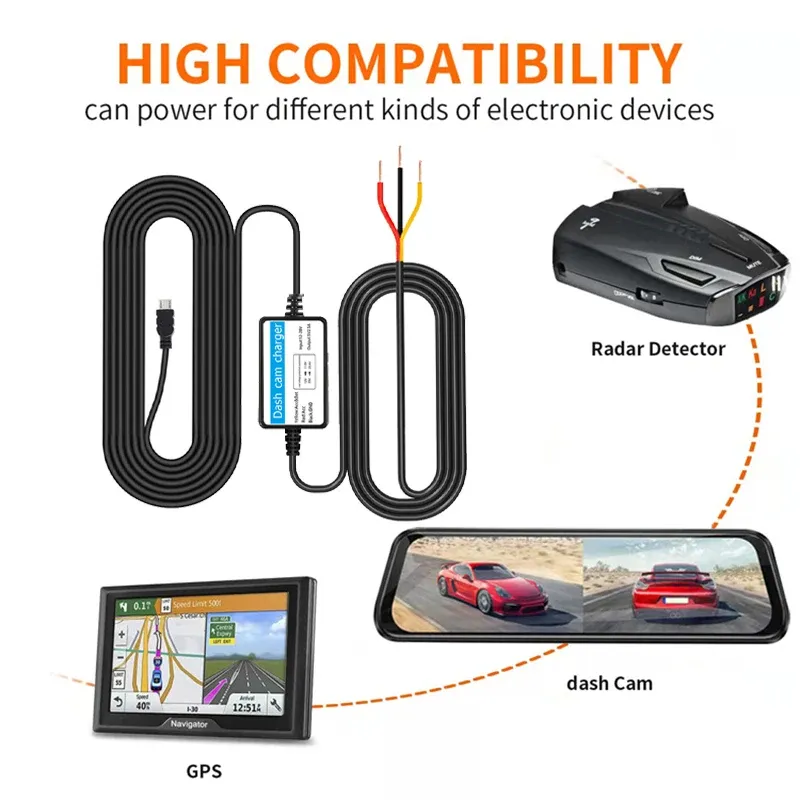 Surveillance de stationnement 24h/24, caméra DVR pour tableau de bord de voiture, kit de câblage direct avec protection basse tension, mini port USB 12-30 V vers 5 V 2,5 A, accessoire automobile 2