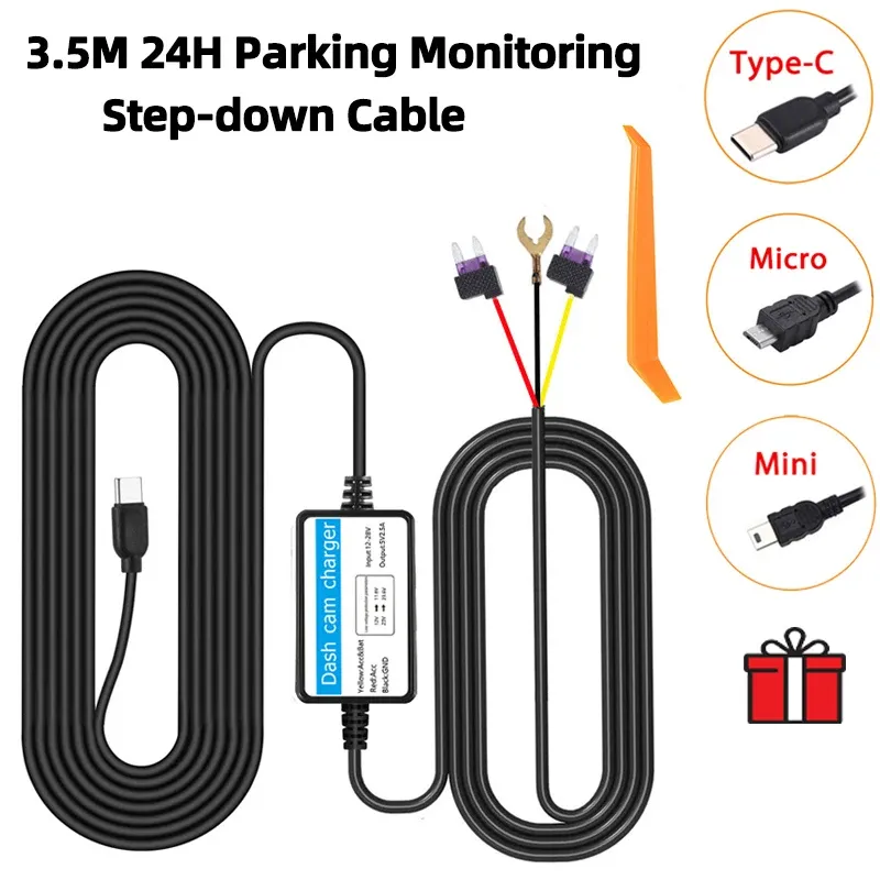 Surveillance de stationnement 24h/24, caméra DVR pour tableau de bord de voiture, kit de câblage direct avec protection basse tension, mini port USB 12-30 V vers 5 V 2,5 A, accessoire automobile
