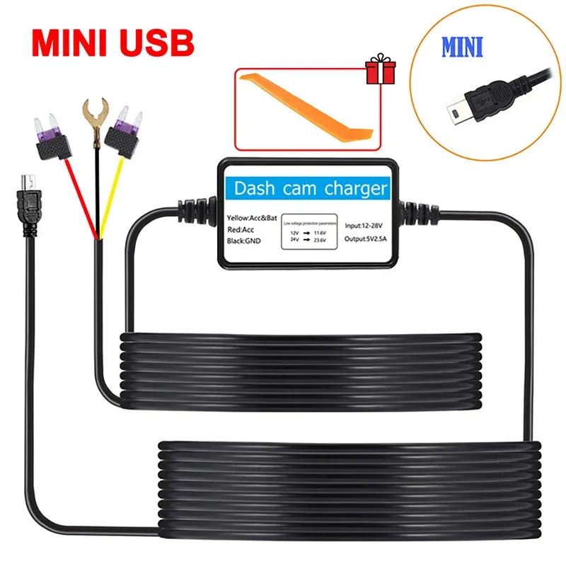 Surveillance de stationnement 24h/24, caméra DVR pour tableau de bord de voiture, kit de câblage direct avec protection basse tension, mini port USB 12-30 V vers 5 V 2,5 A, accessoire automobile 5