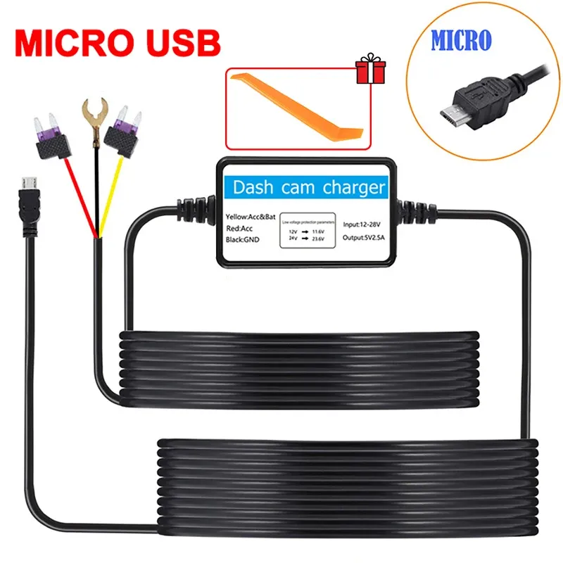 Surveillance de stationnement 24h/24, caméra DVR pour tableau de bord de voiture, kit de câblage direct avec protection basse tension, mini port USB 12-30 V vers 5 V 2,5 A, accessoire automobile 8