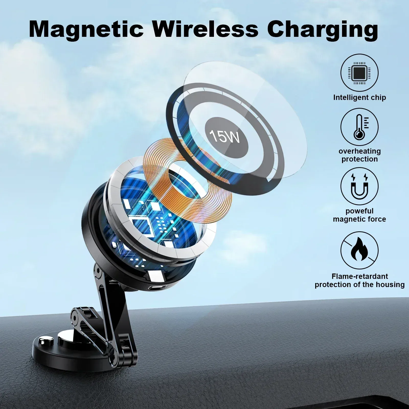 Support de téléphone magnétique pour voiture 15 W, chargeur sans fil à rotation, charge rapide pour iPhone 16, 15, 14, 13 et 12 3