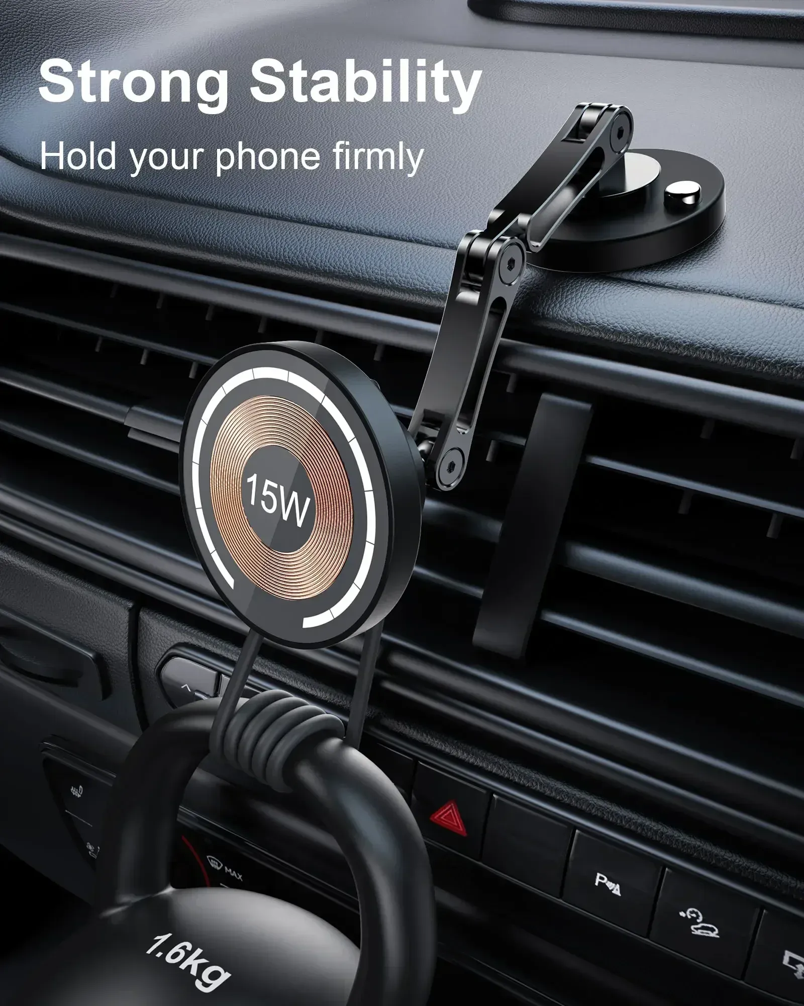 Support de téléphone magnétique pour voiture 15 W, chargeur sans fil à rotation, charge rapide pour iPhone 16, 15, 14, 13 et 12 5