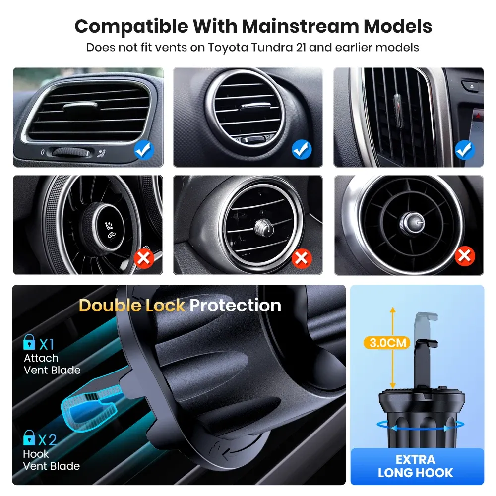 Support de téléphone pour voiture TOPK universel à verrouillage automatique, avec clip à crochet pour grille d'aération, compatible iPhone et Samsung 3