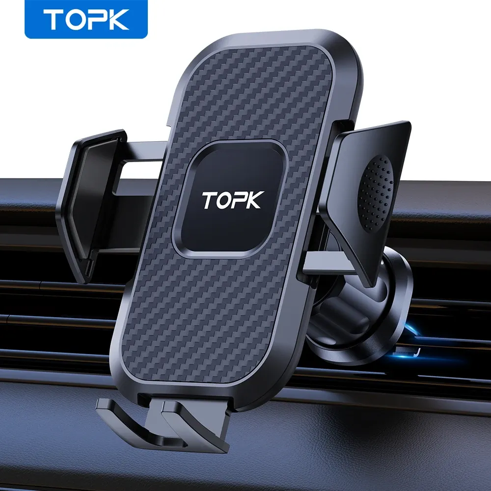 Support de téléphone pour voiture TOPK universel à verrouillage automatique, avec clip à crochet pour grille d'aération, compatible iPhone et Samsung 7