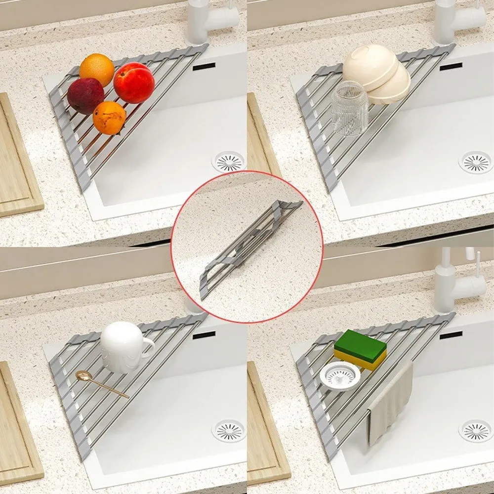 Le title is already in French, so I'll produce a clean, professional version without the spammy keyword stuffing:

Égouttoir triangulaire enroulable pour évier de cuisine avec système de drainage 3