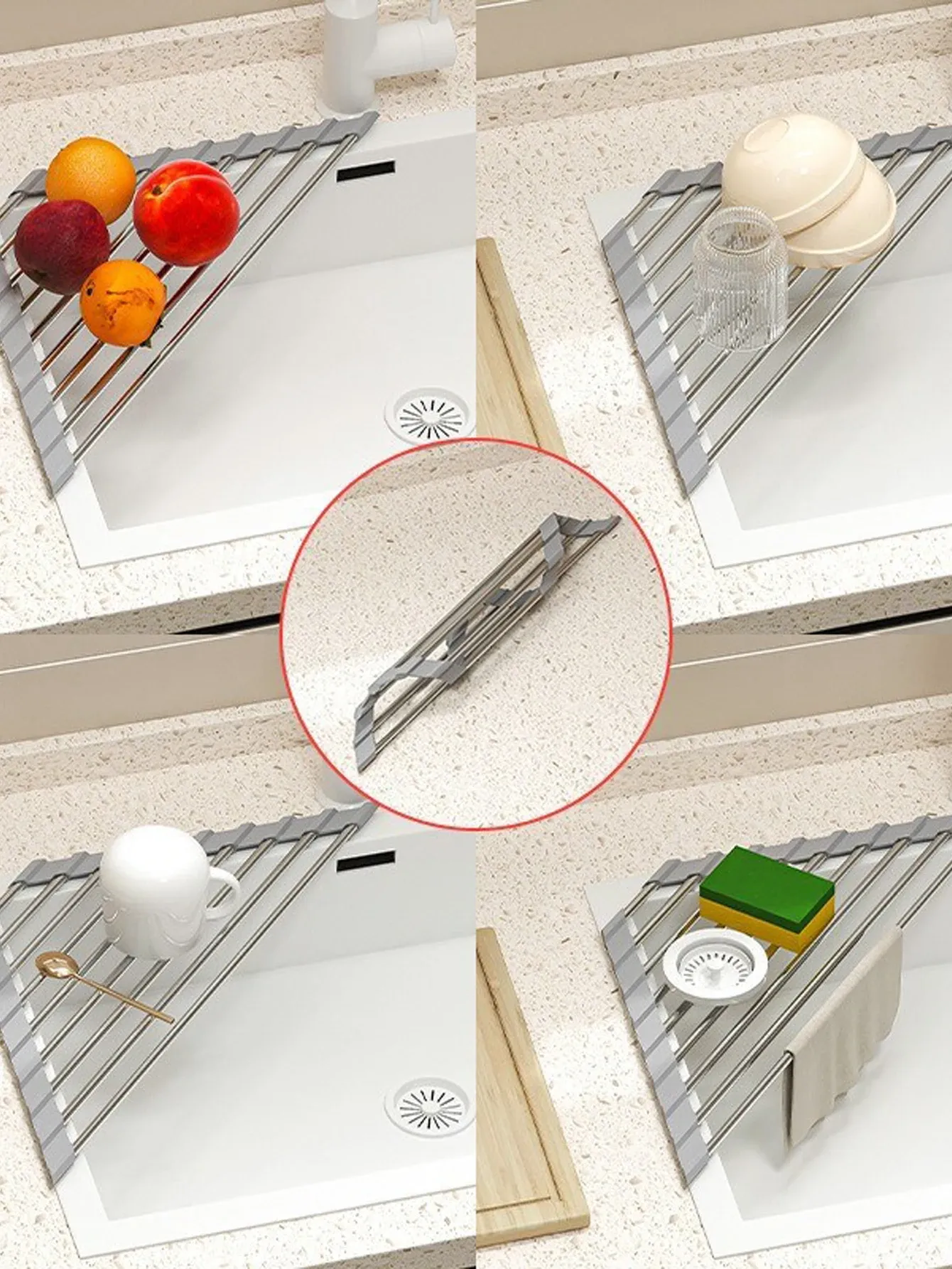 Vue détaillée de l'égouttoir à vaisselle triangulaire pour évier de cuisine