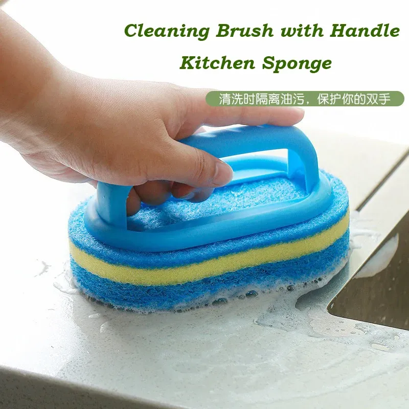 Brosse de nettoyage à manche avec éponge de cuisine, pour carrelage de salle de bains et élimination des taches domestiques 4