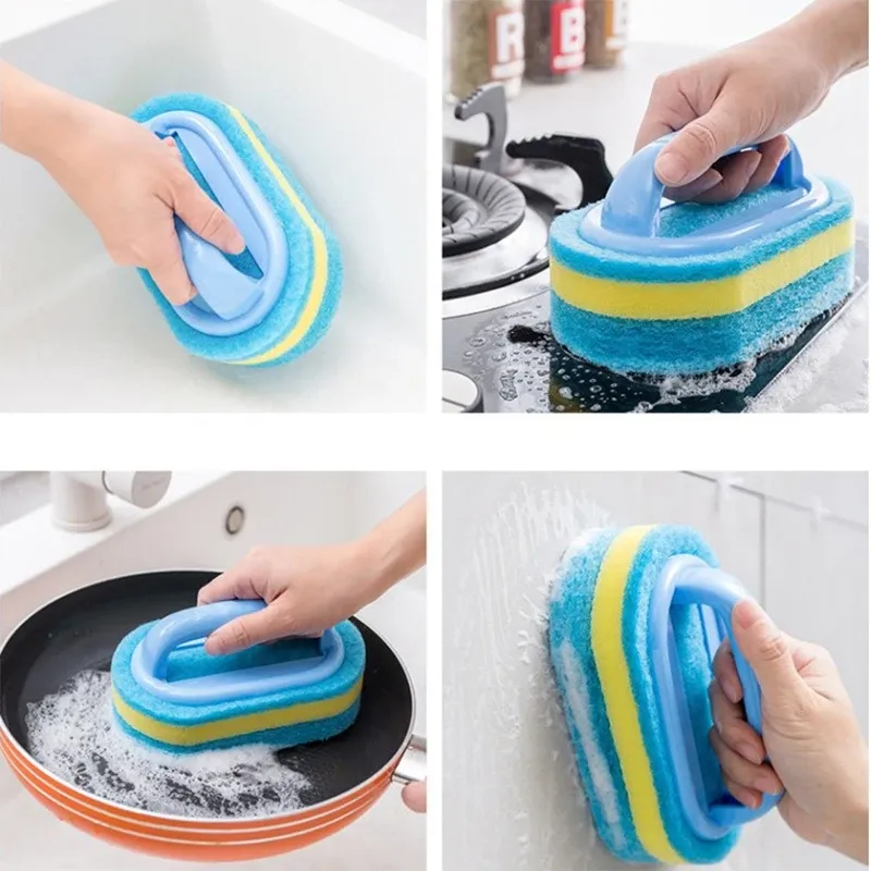 Brosse de nettoyage à manche avec éponge de cuisine, pour carrelage de salle de bains et élimination des taches domestiques 5