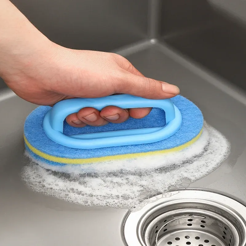 Brosse de nettoyage à manche avec éponge de cuisine, pour carrelage de salle de bains et élimination des taches domestiques 6