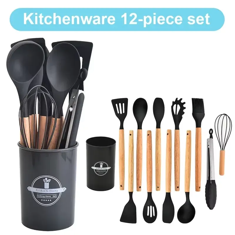 Ensemble de 12 ustensiles de cuisine en silicone résistants à la chaleur, avec manches en bois et support