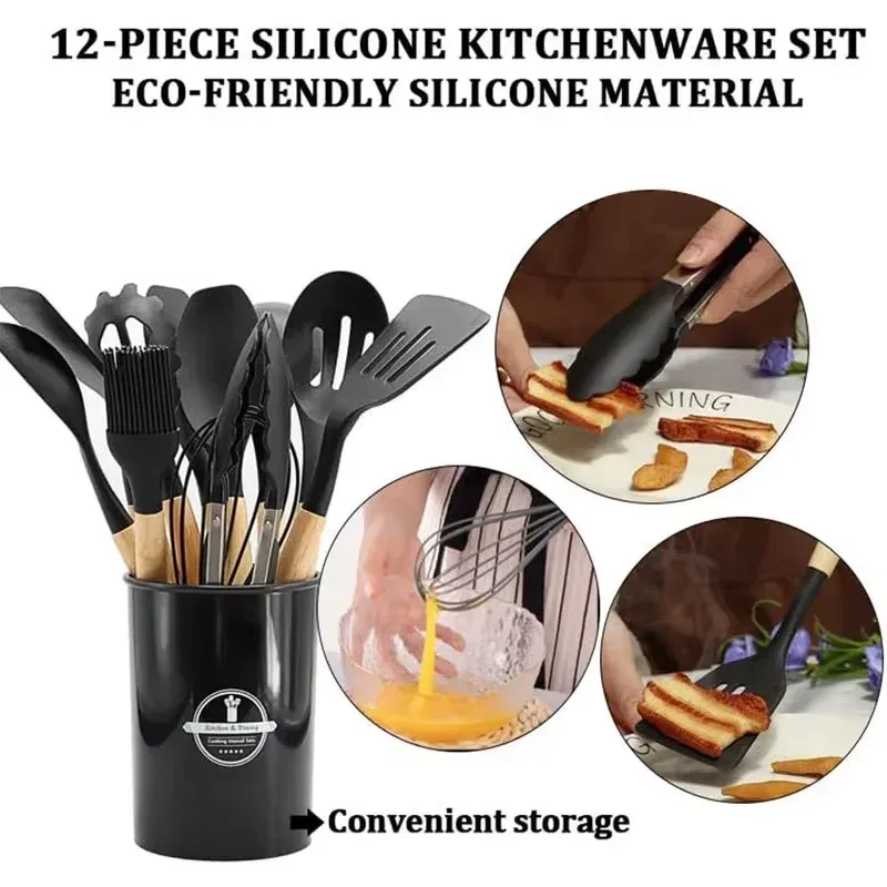 Ensemble de 12 ustensiles de cuisine en silicone résistants à la chaleur, avec manches en bois et support 2