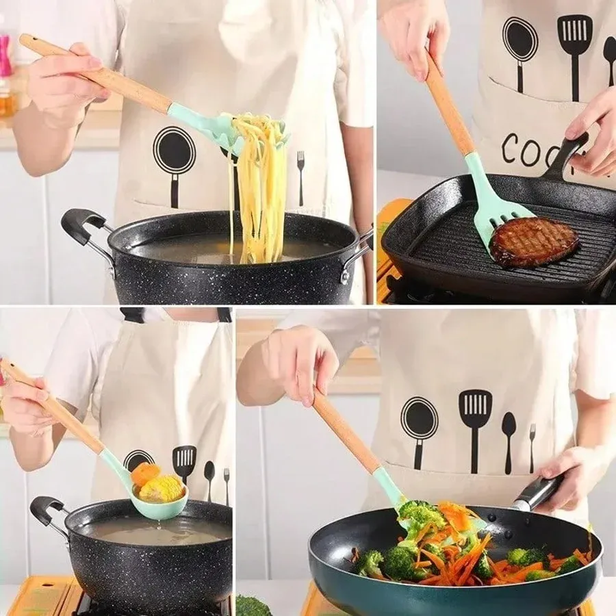 Ensemble de 12 ustensiles de cuisine en silicone résistants à la chaleur, avec manches en bois et support 4