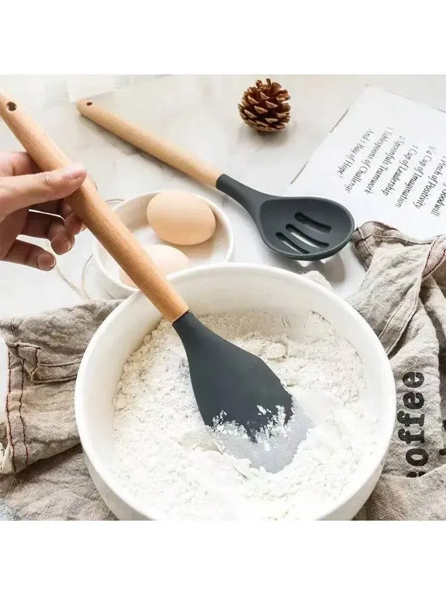 Ensemble de 12 ustensiles de cuisine en silicone résistants à la chaleur, avec manches en bois et support 5