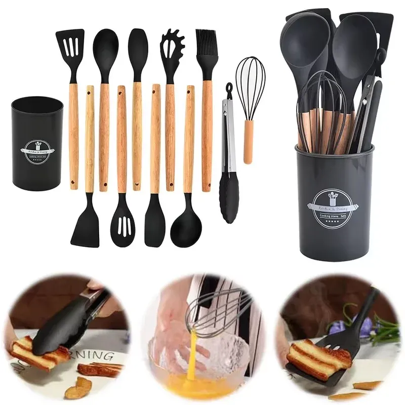 Ensemble de 12 ustensiles de cuisine en silicone résistants à la chaleur, avec manches en bois et support 6