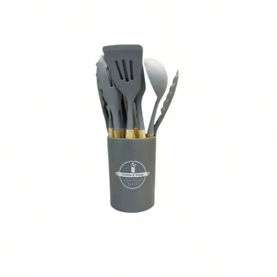 Ensemble de 12 ustensiles de cuisine en silicone résistants à la chaleur, avec manches en bois et support 8