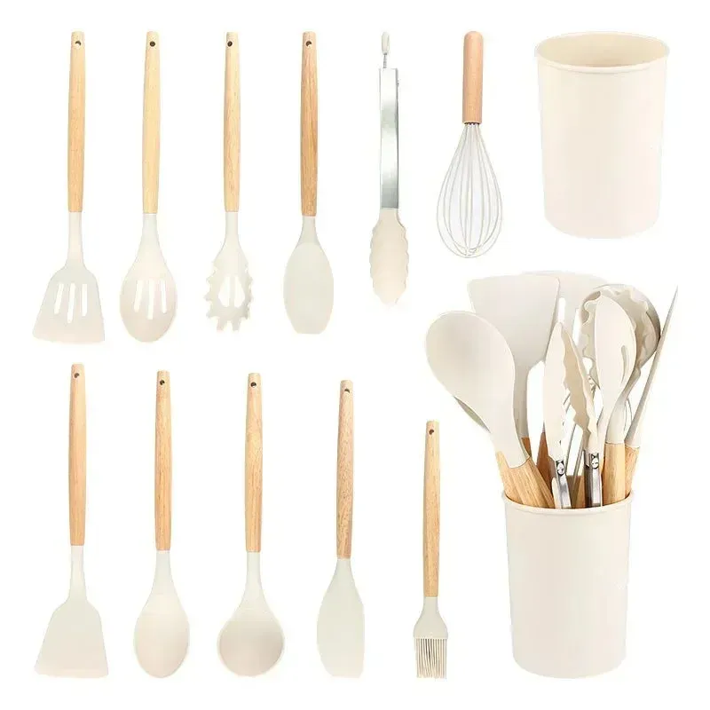 Ensemble de 12 ustensiles de cuisine en silicone résistants à la chaleur, avec manches en bois et support 12