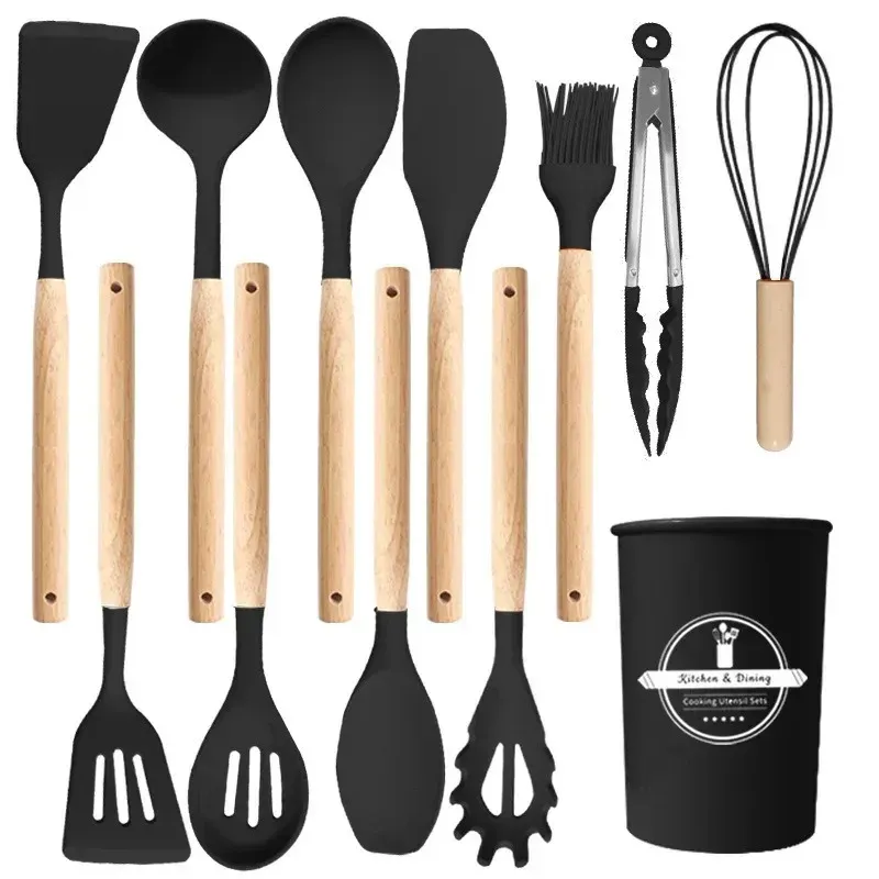 Ensemble de 12 ustensiles de cuisine en silicone résistants à la chaleur, avec manches en bois et support 11