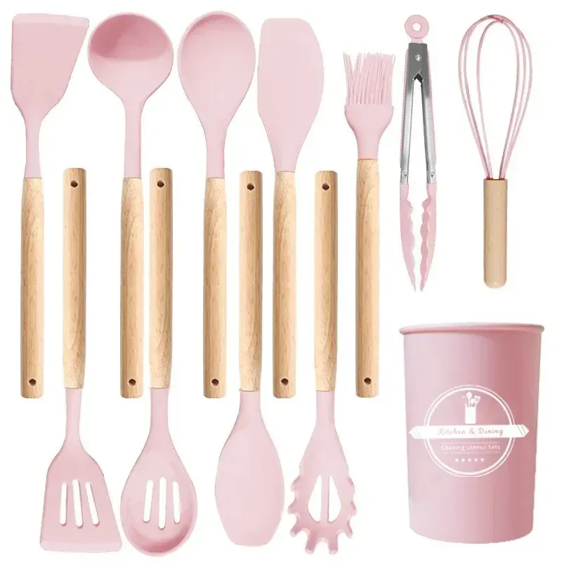 Ensemble de 12 ustensiles de cuisine en silicone résistants à la chaleur, avec manches en bois et support 10