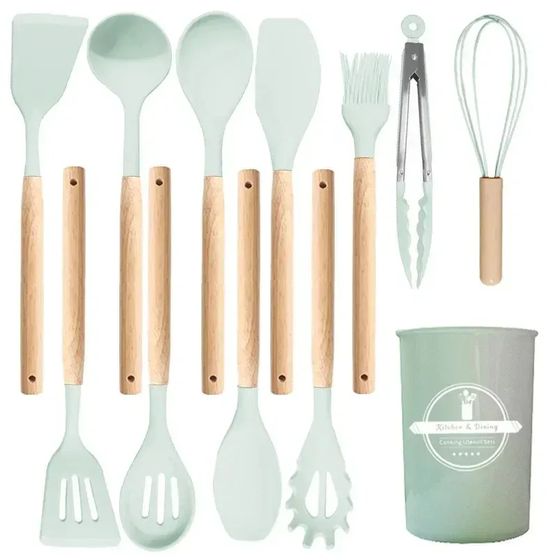 Ensemble de 12 ustensiles de cuisine en silicone résistants à la chaleur, avec manches en bois et support 9