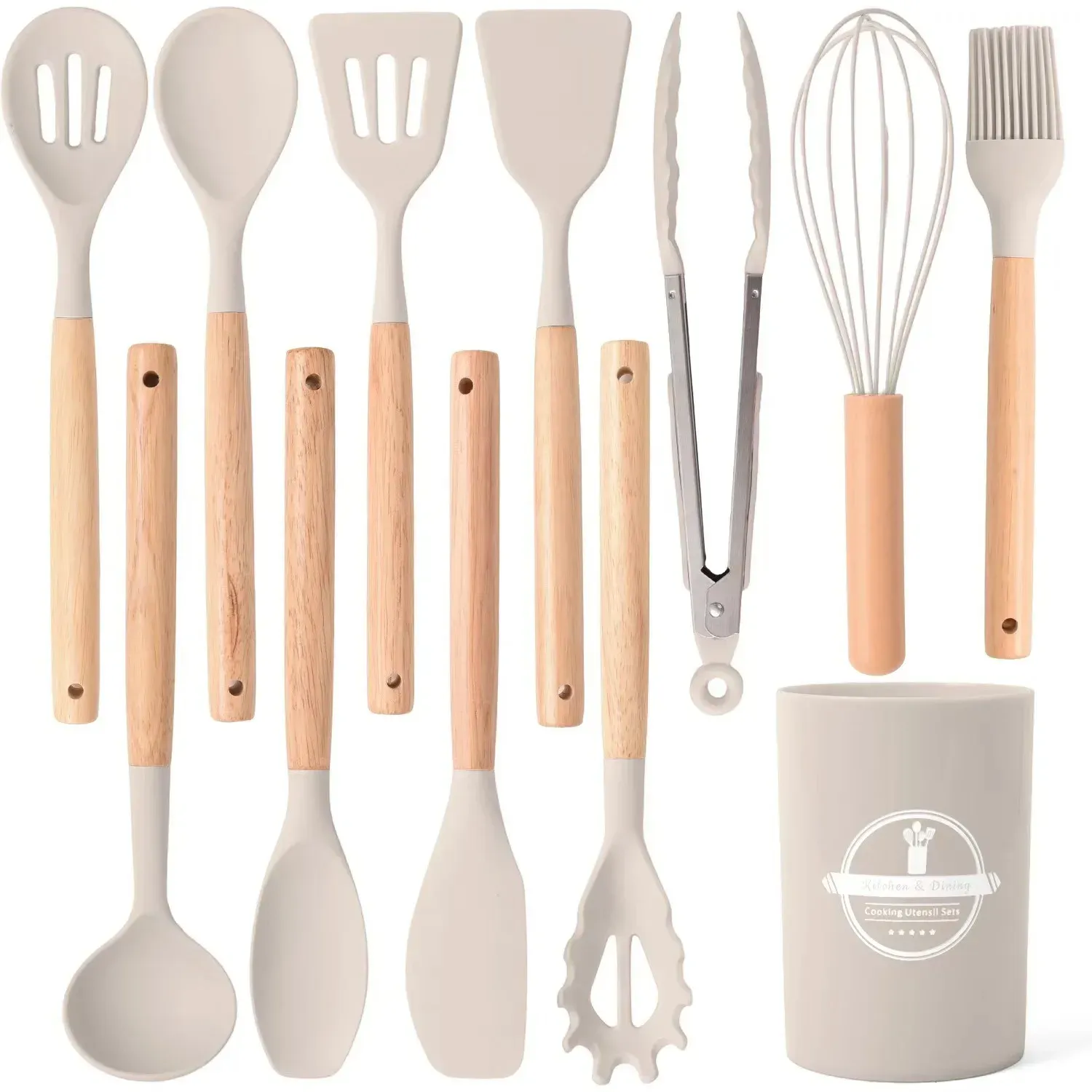 Ensemble de 12 ustensiles de cuisine en silicone résistants à la chaleur, avec manches en bois et support 7