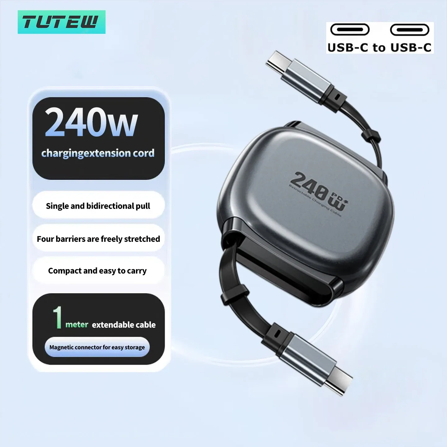 Câble de charge rapide rétractable USB-C vers USB-C 240 W à enroulement automatique pour smartphone, tablette et ordinateur portable 1
